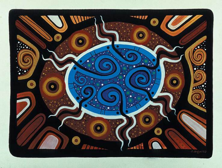 An indigenous painting featuring multiple patterns and shapes, in colours including blue, black, red, yellow and brown.