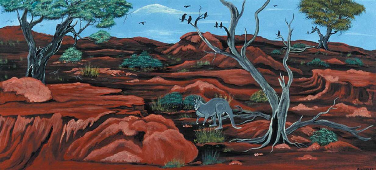 A painted landscape of a rocky terrain with some green scrub scattered throughout. There is a grey kangaroo in the foreground, and a dead tree with a number of black birds sitting in the branches.