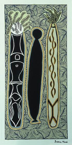 An indigenous painting featuring three solid cylindrical shapes on a background of lined patterns.