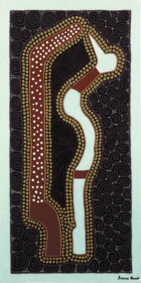 An indigenous painting featuring two solid shapes of white and brown, surrounded by small yellow dots. The larger background has a series of black swirls and white dots.
