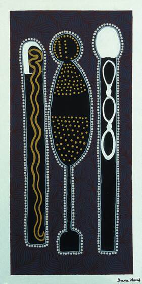 An indigenous painting with a body type shape in the middle of two tall poles, each having their own set of symbols within. These are set on a background of blue and dark brown swirls