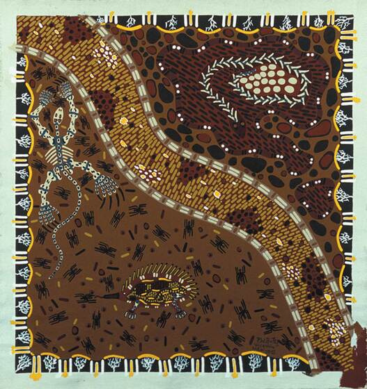 An indigenous painting featuring multiple lines, dots and swirls in yellow, brown and black. Throughout are the shapes of lizards, tortoises and a nest of eggs.