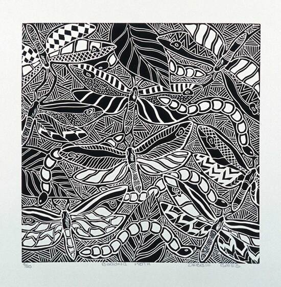 A black and white lino print with the shapes of moths and caterpillars.