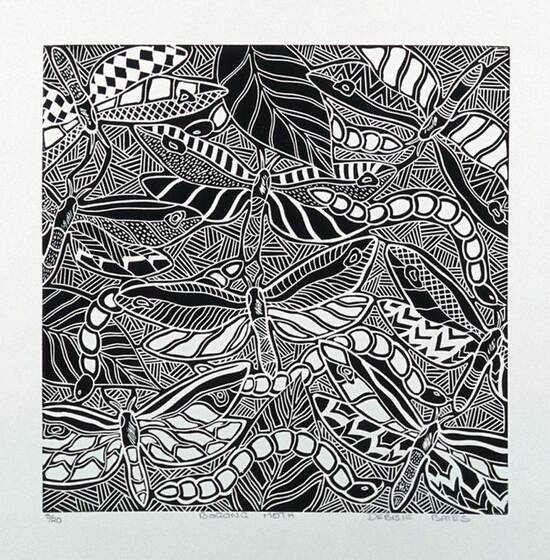A black and white lino print with the shapes of moths and caterpillars.