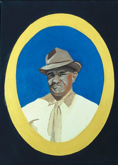 Portrait of a man in a hat, shirt and tie. A round yellow oval circles the portrait, and a black square around that.