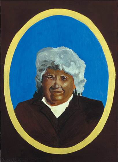 Portrait of an older woman with grey hair wearing a brown blazer and cream top underneath. The portrait is set within a yellow oval, on top of a black rectange.
