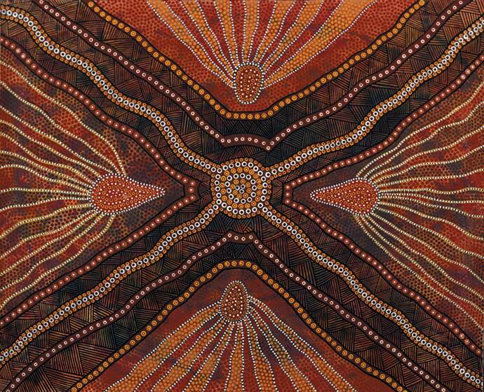 Indigenous painting with patterns and symbols, all leading into a central circle point in the middle of the painting. The colours consist of reds, browns and oranges.