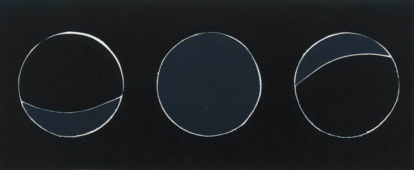Three circles positioned on a black rectangle, some with crescent shapes shadowed out in a differing colour.