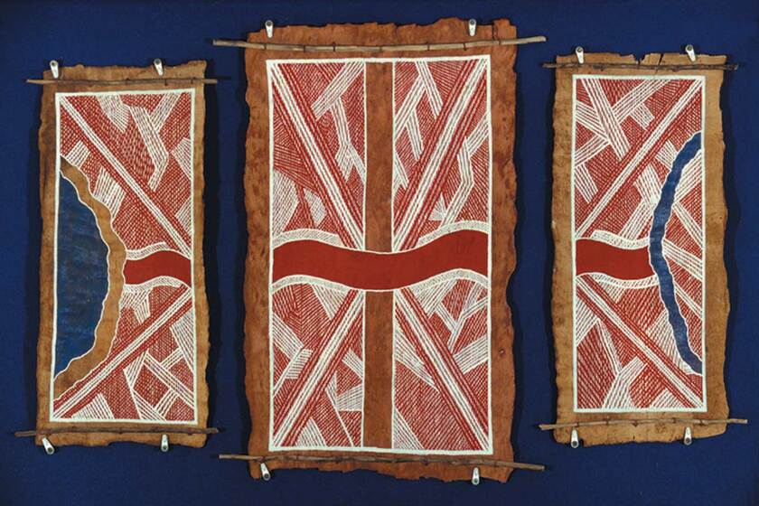 Three bark panels hanging on three rods, each painted with a different indigenous pattern.