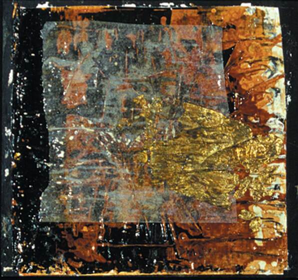 Abstract painting with textured elements in black, gold and brown positioned across the surface of the square.