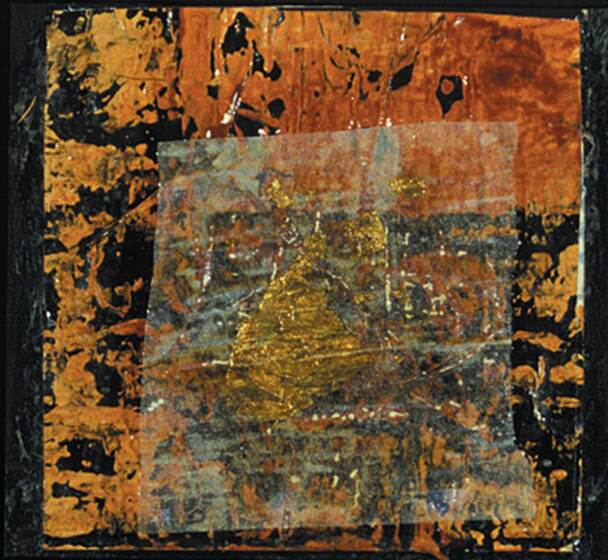 Abstract painting with textured elements in black, gold and brown positioned across the surface of the square.