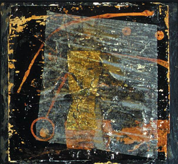 Abstract painting with textured elements in black, gold and brown positioned across the surface of the square.