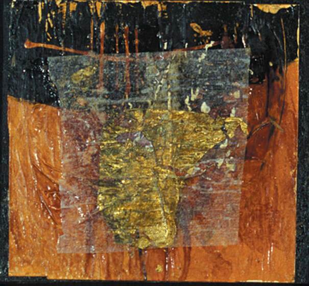 Abstract painting with textured elements in black, gold and brown positioned across the surface of the square.