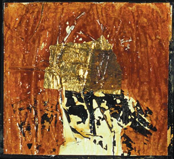 Abstract painting with textured elements in black, gold and brown positioned across the surface of the square.