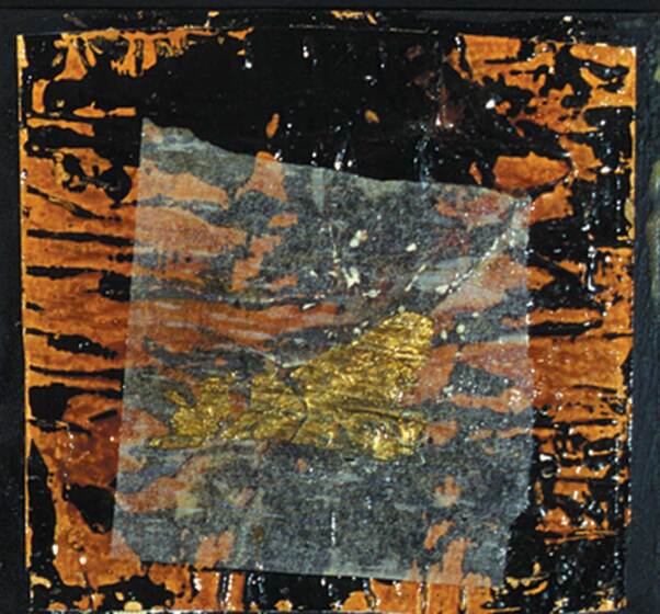 Abstract painting with textured elements in black, gold and brown positioned across the surface of the square.