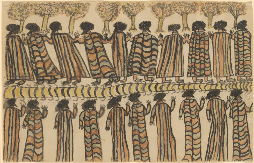 A drawing of two lines of people, stacked on top of one another. All of the people have their backs facing the viewer, and each is wearing a long cloak patterened with either long lines, or horizontal blocks. Some of the people have one of both of their hands partially in the air, as if they were waving.