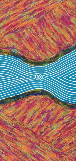 Indigenous art work with a thick x type shape in the centre, coloured in blue with white lines flowing outwards. On either side of the x are colourful lines of orange, pink and greens merging into each other.