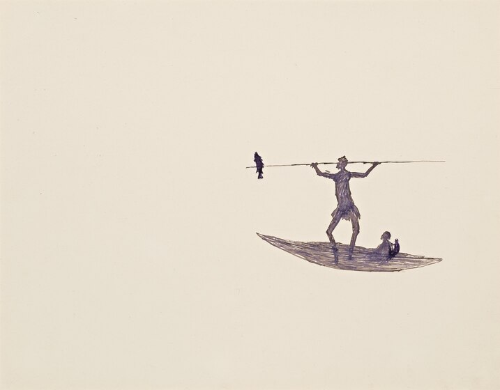 An Indigenous man stands upright in a bark canoe, holding a spear above his head with a fish on one end. Another man sits in the canoe. It is a small image against a vast cream background.