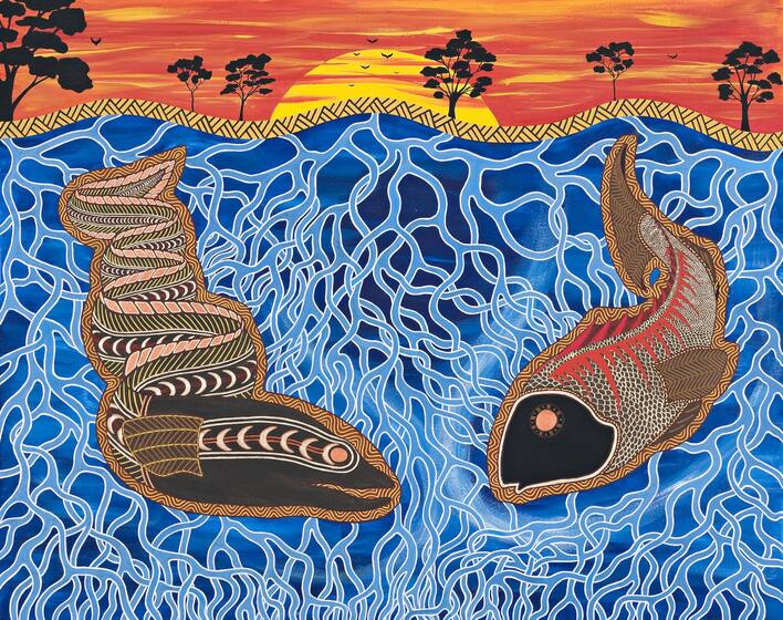 An indigenous painting, with the top third depicting an orange sunset, yellow setting sun and shadowy trees. The lower two thirds depict underwater, with a brown patterned eel on one side and a patterned fish on the other - both staring at each other.