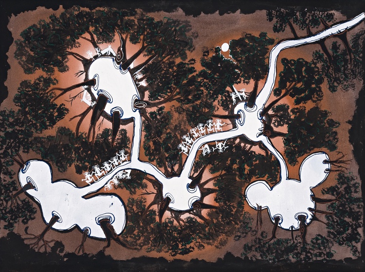 An indigenous painting with an interlinked white shape, made up of lines and circular shapes, surrounded by brown tree shapes and orange red soil.