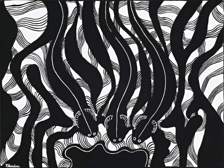 An ingidenous painting made up of black and white shapes, including three eel shapes swimming towards the bottom of the page, their eyes and gills making them distinct from the surrounding black shapes.