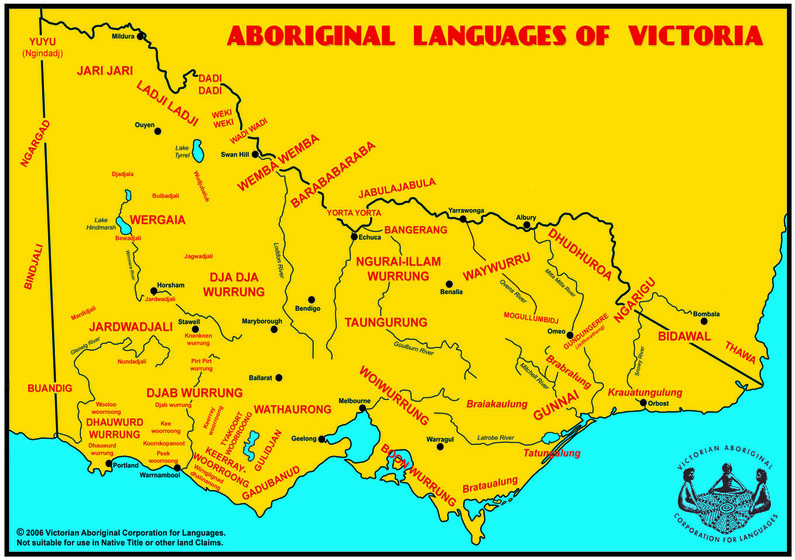 A map of the state of Victoria with Indigenous place names stamped in specific locations.