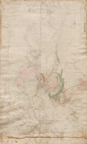 Hand drawn map on brown paper. There are lots of lines and coloured in regions to indicate topography and places.