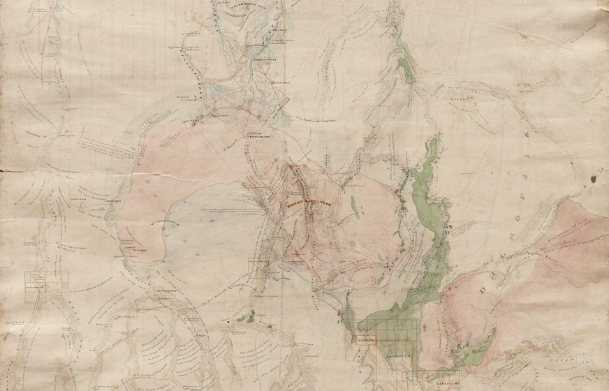 Hand drawn map on brown paper. There are lots of lines and coloured in regions to indicate topography and places.
