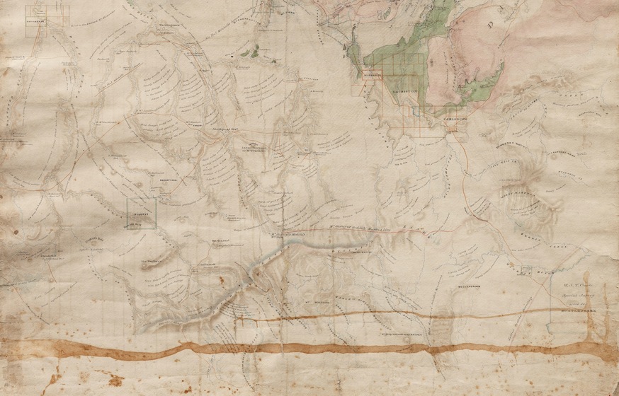 Hand drawn map on brown paper. There are lots of lines and coloured in regions to indicate topography and places.