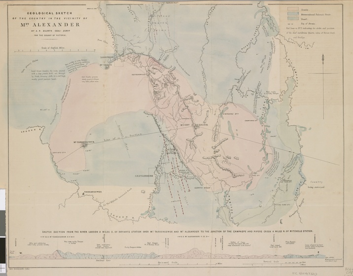 Geological map on brown paper, with lines and coloured regions depicting the topography and names of the area mapped.