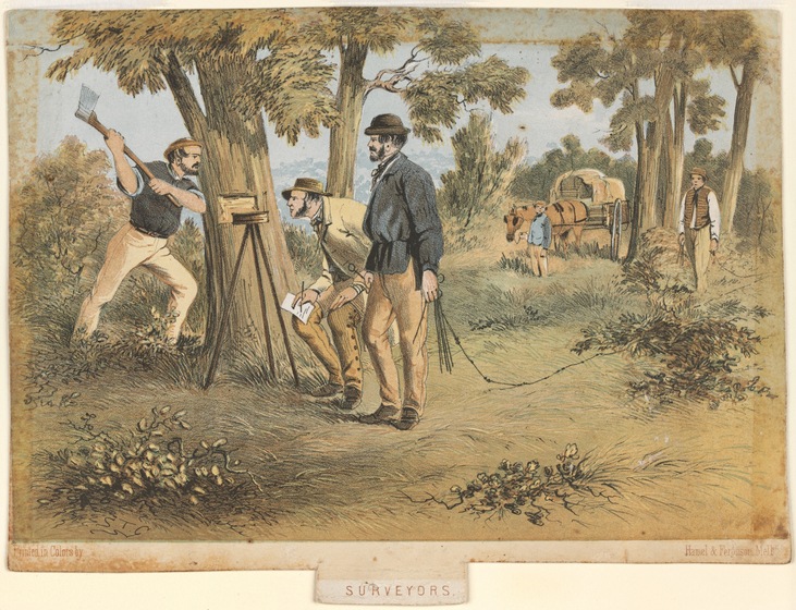 Set in a bushland scene, a group of three men stand around a tripod - one is looking through the camera, one is observing, and one is swinging an axe. In the background two men look on, one holding the horse and carriage and one looking on.