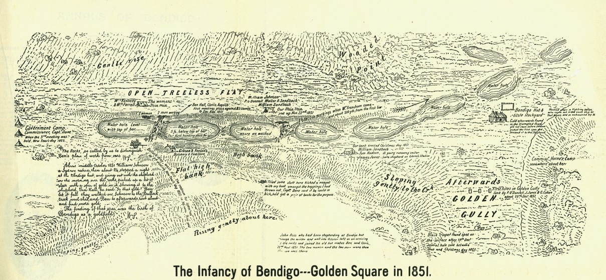 Hand drawn sketch of a map, depicting topographical features, place names, and camp locations - symbolised by tents.
