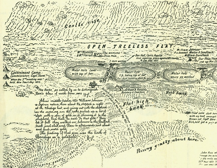 Hand drawn sketch of a map, depicting topographical features, place names, and camp locations - symbolised by tents.