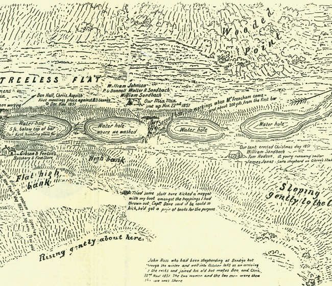 Hand drawn sketch of a map, depicting topographical features, place names, and camp locations - symbolised by tents.