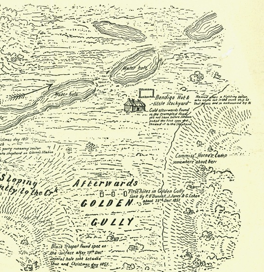 Hand drawn sketch of a map, depicting topographical features, place names, and camp locations - symbolised by tents.