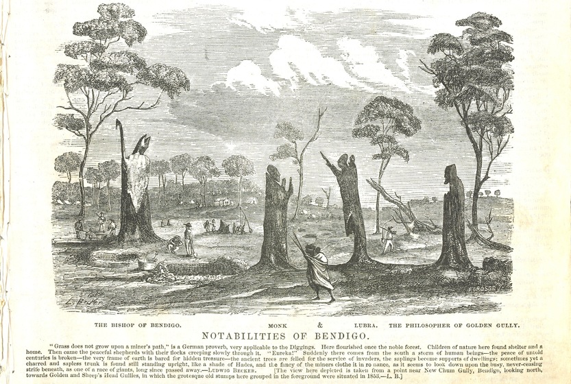 A somewhat baron landscape, with burnt out tree stumps, large holes in the ground and a few trees scattered across the scene. Groups of minder sit and stand around in groups or solo, looking at the landscape, whilst an indigenous person with a child on their back walks through the foreground.