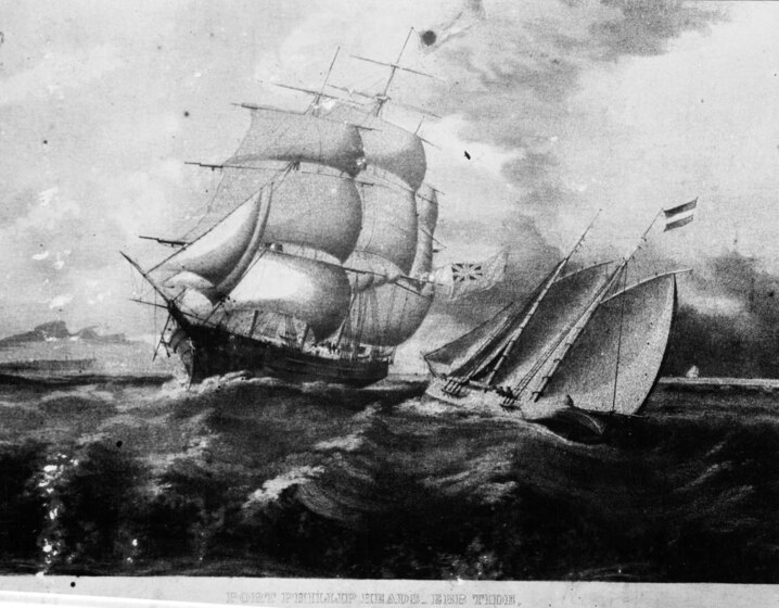 A drawing of a large multi mast clipper ship sailing towards a smaller sail ship. Both ships looked to be getting tossed around on the ocean waves.