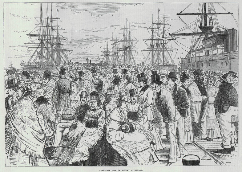 Drawing of a very large group of people, dressed in Victorian era clothing, walking, sitting and talking on a wide pier. In the distance, large sailing boats can be seen moored to the edge of the dock.