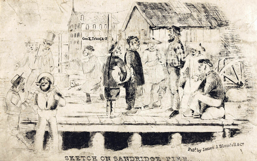 Sketch of a group of people. some standing some sitting, on a pier. The men are all dressed in different attire, depicting their cultural and ethnic backgrounds. Behind them are two buildings, one with the writing 'Geo. F. Train & ...' printed on the side.