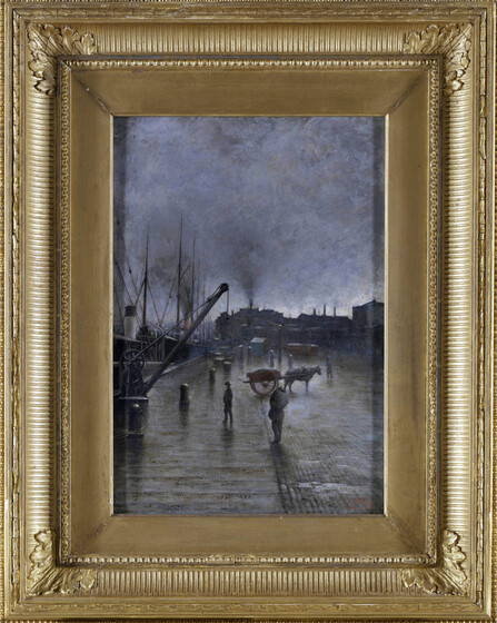 A landscape painting of a wharf, with men and horse and carts standing in the wet and grey weather. Boat masts can be seen on one side of the wharf, whilst buildings are set back in the distance. The painting is mounted in a thick, gold decorative frame.