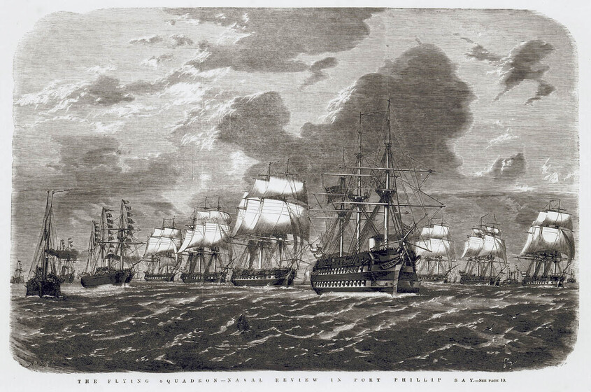 Drawing of a group of naval vessels, all varying in size and ability, sailing on a calm rippled ocean. Some of the boats have their sails unfurled, while others only have their masts showing.