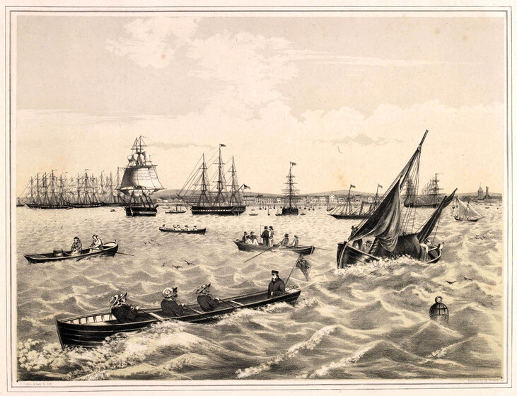 A landscape scene of the bay, featuring a number of different sized boats and ships. In the foreground small rowboats are filled with people being ferried across the ocean. A smaller sailboat tips lightly to the side, being somewhat submerged in the waves. Further in the distance, large naval sailing boats appear docked to the waters edge.