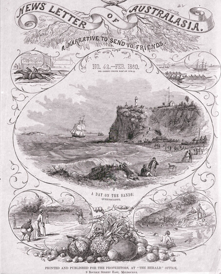 Newsletter broken into 5 different independent pictures. In the top left is a horse race, the top right a rowing regatta. In the bottom left is a group of people playing cricket on the beach, and the bottom right a group of people swimming in the ocean, and some on the shore looking on. The large central picture is of a landscape scene of rocky cliffs overlooking a sandy beach with lots of people walking along the waters edge. A boat sails nearby, and a lighthouse is perched on the cliff top.