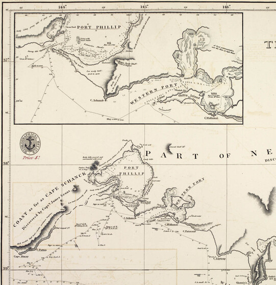 A detailed map broken into two sections. The larger section depicts land masses and names, within Port Phillip Bay. Whilst the smaller detailed section is an inset, outlining a zoomed in section of the larger map.
