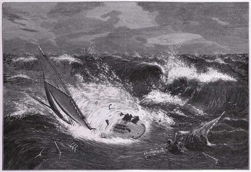 Drawing of two sail boats tipping over in large ocean swell. On one boat a man clings to the side, partially submerged in the water