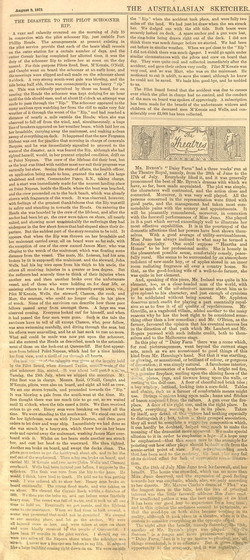 Newspaper article on yellowing paper, including some tearing and pencil marks