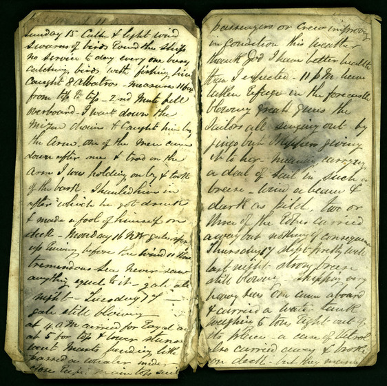 Cursive hand written diary pages on yellowing paper, slightly smudged with black ink stains