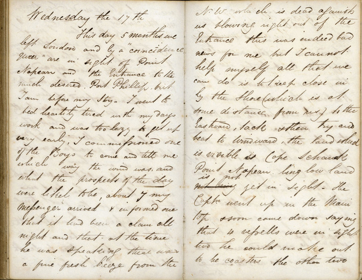 Cursive hand written diary pages on cream coloured paper, slightly smudged with black ink stains