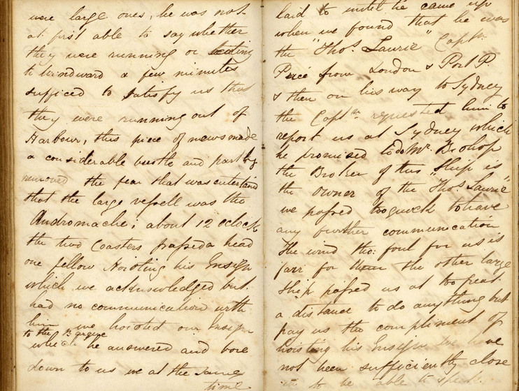 Cursive hand written diary pages on yellowing paper, slightly smudged with black ink stains