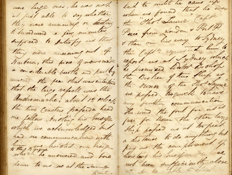 Cursive hand written diary pages on yellowing paper, slightly smudged with black ink stains